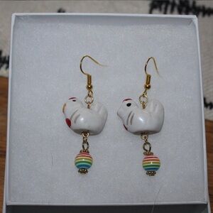 Chicken Earrings with Colorful Rainbow Beads